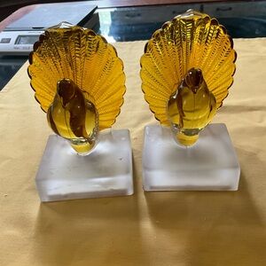 Amber Glass Peacock Bookends